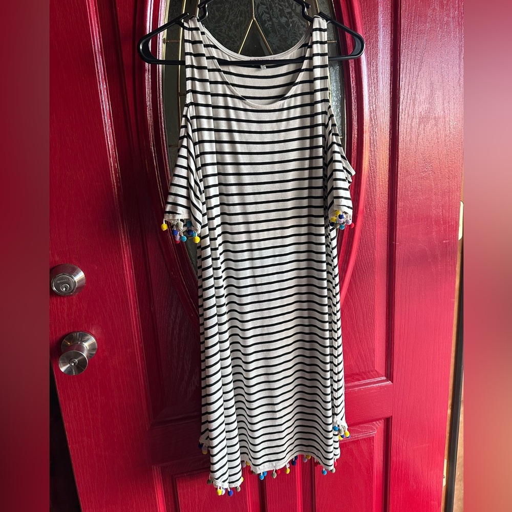 Black & White Striped Dress with Colorful Poms